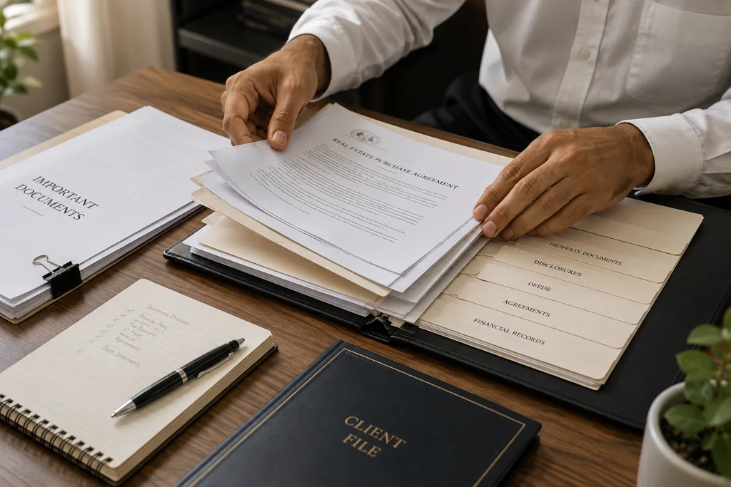 A professional reviewing client documents at a desk